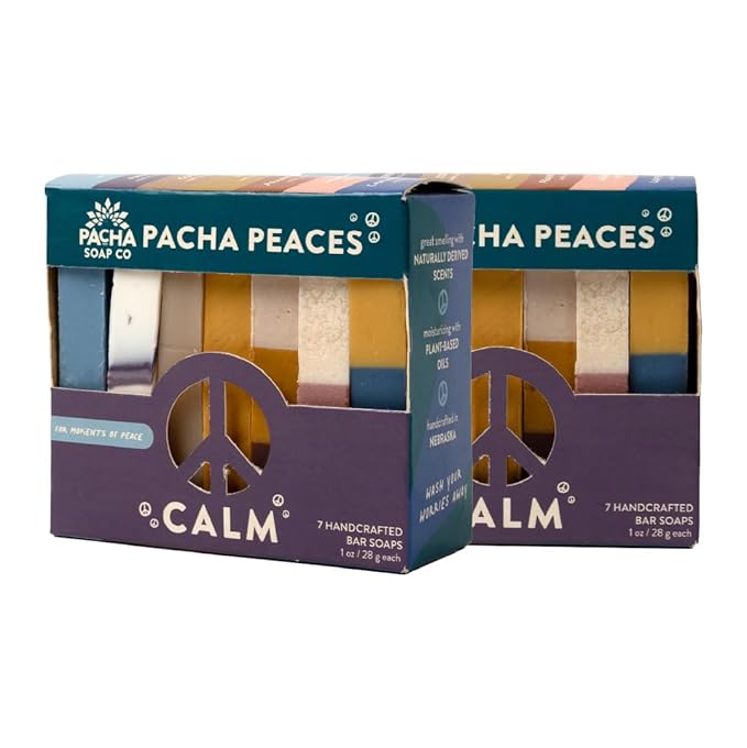 Pacha Soap Co. Bar Soap, Pacha Peaces, Calm, 2-Pack (4 oz ea) - Premium, Handcrafted, Hydrating, Natural Hand Cleanser, Face & Body Wash, Soothing Essential Oils