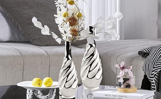 Yundu Ceramic Vase Set of 2, White with Silver, Modern Home Décor, Living Room, Dried Flowers, 14x6x6 inches