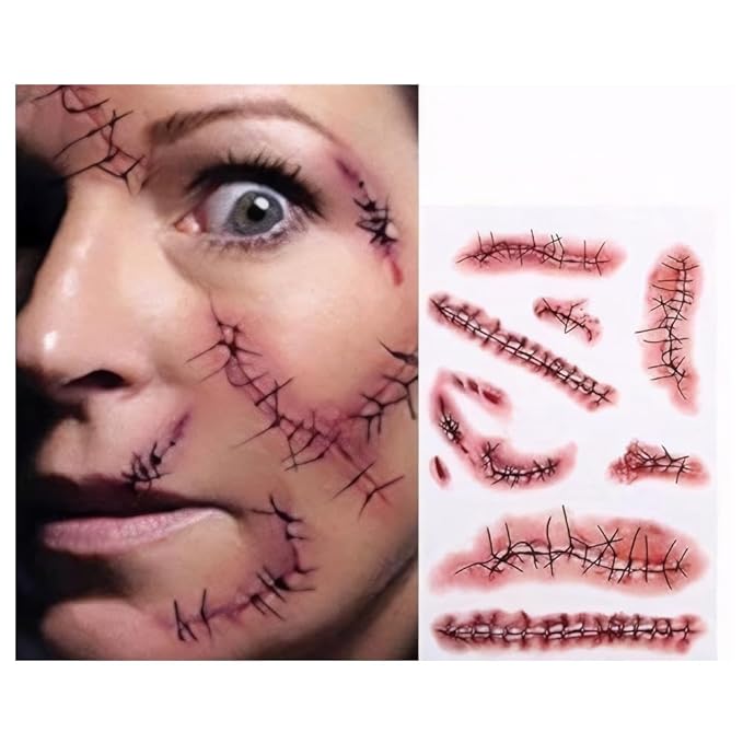 Tinuos Horror Realistic Fake Bloody Wound Stitch Scar Scab Waterproof Temporary Tattoo Sticker Halloween Masquerade Prank Makeup Props-5PC 5PCs