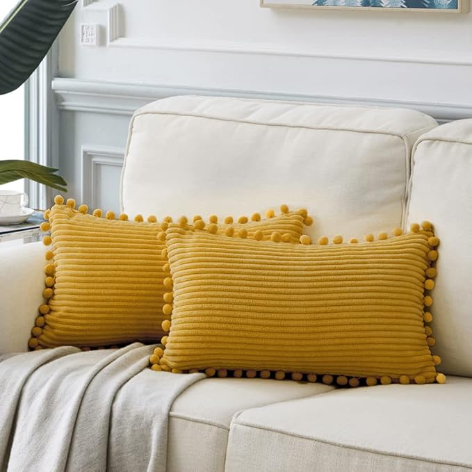 Fancy Homi 2 Pack Mustard Yellow Lumbar Decorative Throw Pillow Covers 12x20 Inch with Pom-poms for Living Room Couch Bedroom, Soft Corduroy Solid Cushion Case 30x50 cm, Rustic Farmhouse Home Decor
