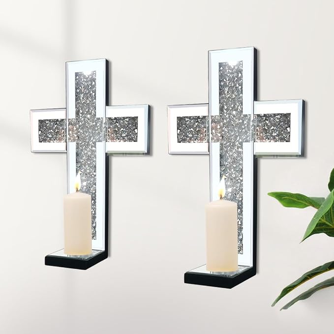 Mirrored Wall Candle Sconces Holder Set of 2, Wall Decor Living Room | Crystal Crushed Diamond Silver Wall Decorations, Ideal for Entryway, Hallway, Bedroom, Dining Room