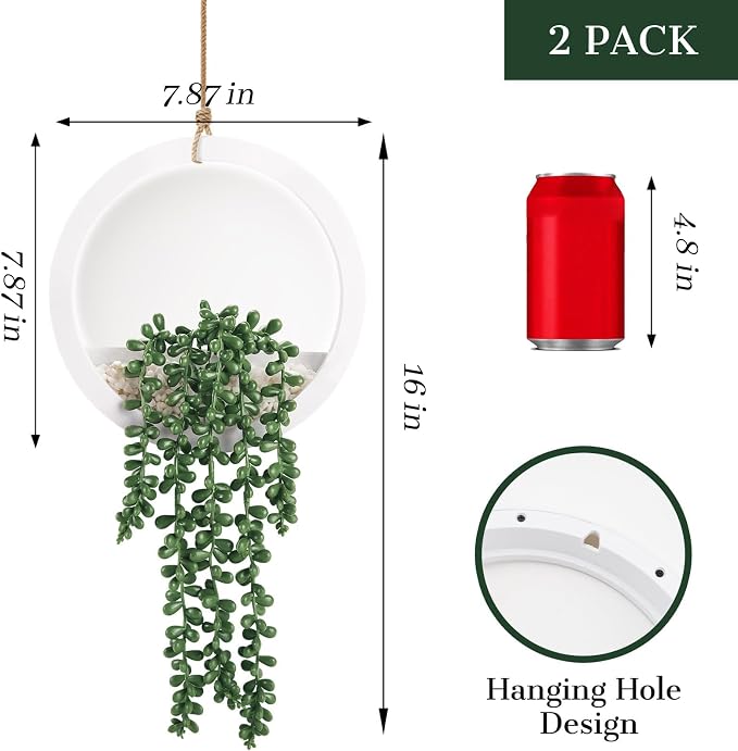 Der Rose 2 Pack 15" Artificial Hanging Plants in White Pots for Wall Decor | Realistic cascading pearls, hanging ropes, shelf display for bathroom bedroom living room boho wall decor，fresh all year