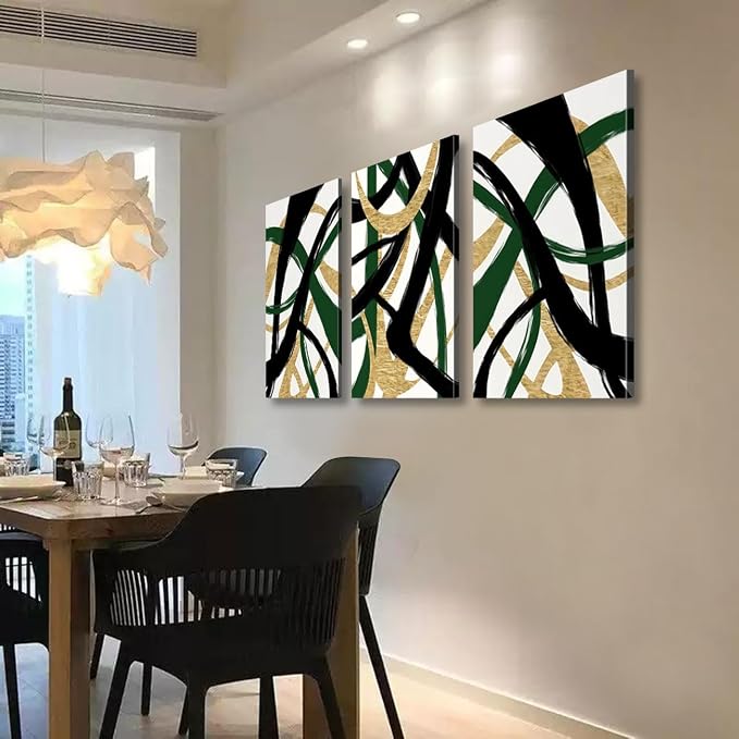 3 Pcs Framed work Abstract Lines Canvas Wall Art Modern Black, Green, Gold Geometric Brushwork Prints Posters Abstract Line Images Framed gallery packaging artwork for living room prints bedroom office and home decor 16X24Inch