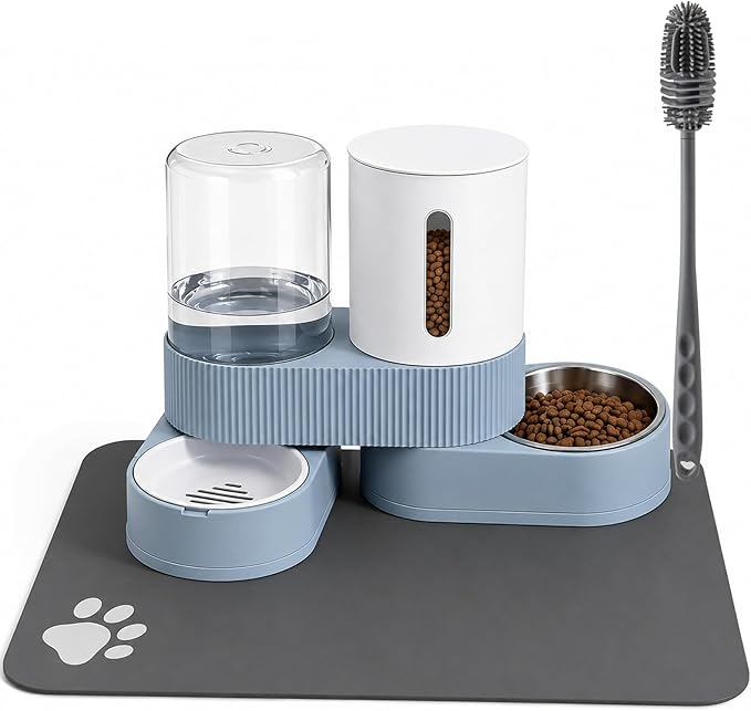 Gravity Cat Feeder and Water Dispenser 2 Pack Automatic Stainless Steel Feeder Bowls with Silicone Mat and Brush Set, Dry Food and Water Dispenser for Cats Small Medium Dogs(Blue)