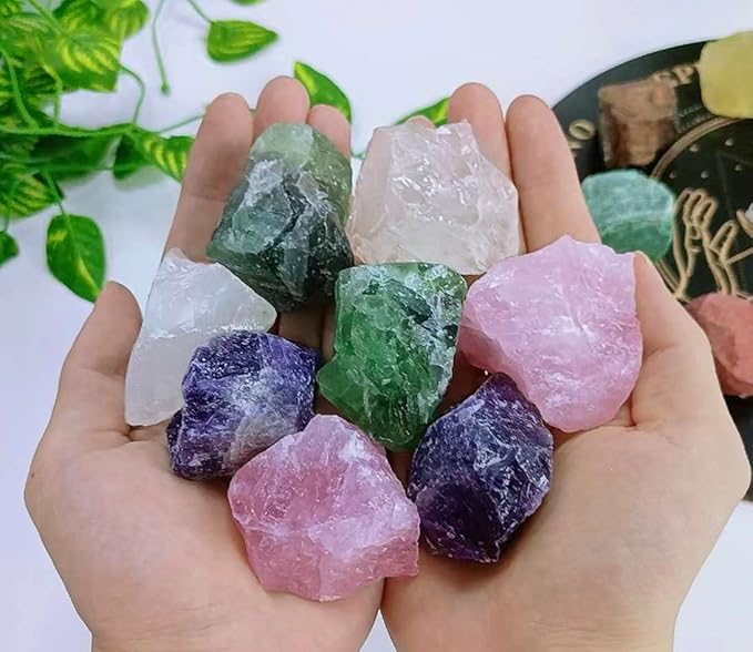 LAIDANLA 2" Rose Quartz Fluorite Amethyst Clear Quartz Set Natural Rough Stones Crystal Raw Crystals Bulk Healing Gemstones for Reiki Healing Tumbling Fountain Rocks 4PCS 0.55lb