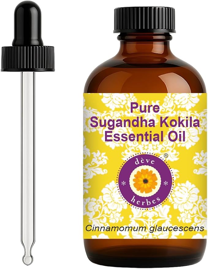 dève herbes Sugandha Kokila Essential Oil (Cinnamomum glaucescens) with Glass Dropper | Pure | Non-Sticky | Non-Greasy | Lightweight | Men & Women | All Skin Types | Steam Distilled 120ml (4 oz)