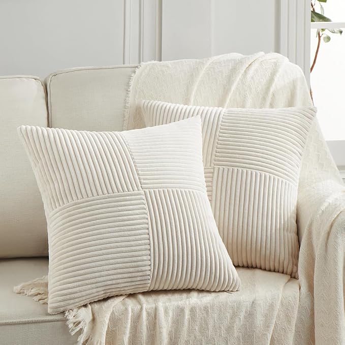 Fancy Homi Boho Cream Decorative Throw Pillow Covers 18x18 Inch for Living Room Couch Bed Sofa, Rustic Farmhouse Home Decor, Soft Corss Corduroy Patchwork Textured Square Cushion Case 45x45 cm