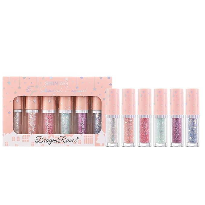 BONNIE CHOICE 6Pcs Liquid Glitter Eyeshadow Eyeliner, Korean Makeup Glitter Shinning Eye Liner Long Lasting Quick Drying Pigmented Loose Bling Under Eye Shadow Makeup Valentine's Day Gifts for Women
