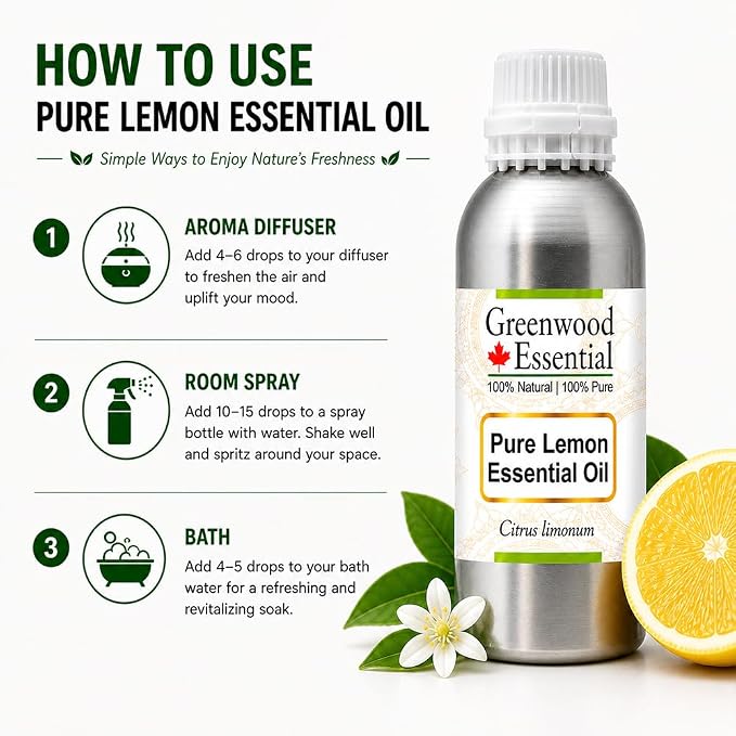 Greenwood Essential Pure Lemon Essential Oil (Citrus limonum) Steam Distilled 630ml (21.3 oz)