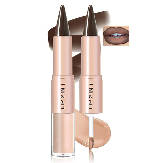 Lip Liner Gloss Lip Combo Set, 2 in 1 Lip Duo Dark Brown Lip Liner Lipstick Matte Velvet Nude Brown Gloss Lip Kit, Smooth Quick Fuller Plumping Lip Makeup for Women01#Matte Brown