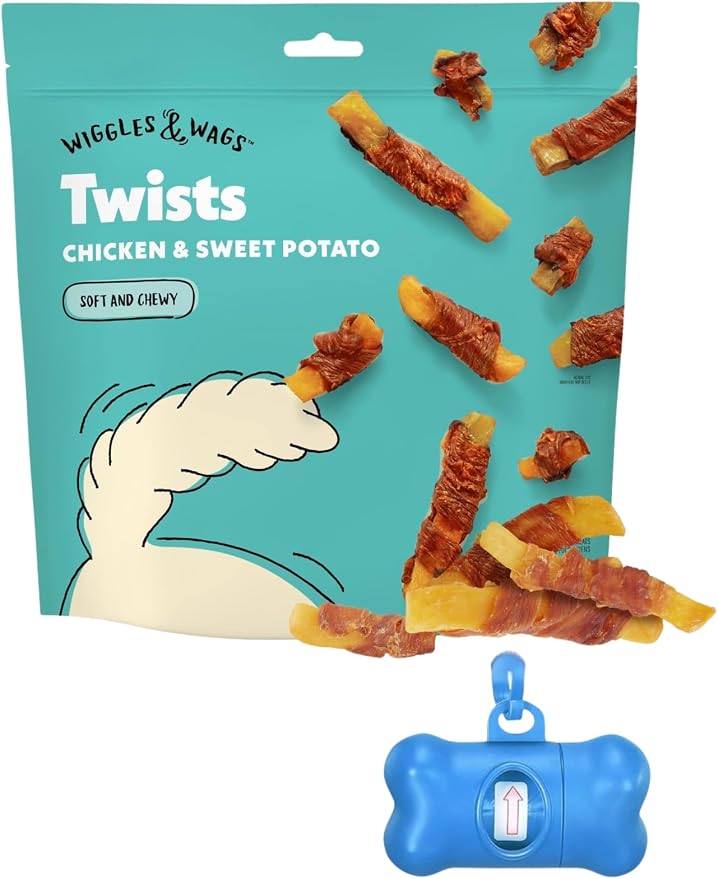 Wiggles & Wags Twists Dog Treats, Chicken & Sweet Potato, Soft and Chewy, 16 oz, with DN Essentials Bone Shaped Waste Bag Dispenser & Roll