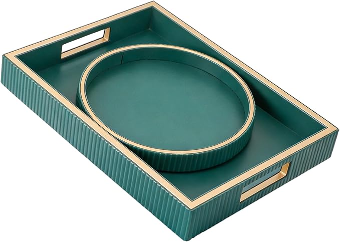 Leather Tray Desktop Storage Organizer, Decorative Tray Set, Green | Premium Serving Trays Valet Tray for Sundries Cosmetics Phone Wallet Cutlery, Set of 2, Green Holder with Disc