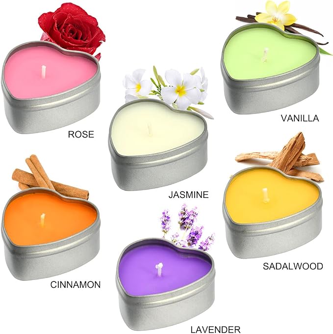 DEYBBY Scented Soywax Tea Light Candles, Big Size Heart Shaped Aromatherapy Candle - 6 Hours Burn Time, Silver Metal Travel Tin, for Spa, Home Décor, Wedding and Valentine's Day…