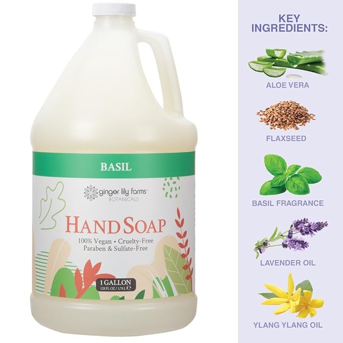 Ginger Lily Farms Botanicals All-Purpose Liquid Hand Soap Refill, 100% Vegan & Cruelty-Free, Basil Scent, 1 Gallon (128 fl oz)