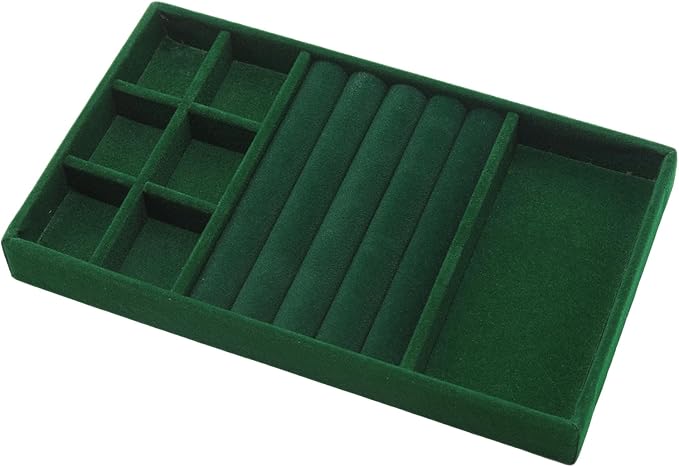 Velvet Jewelry Organizer Tray, Dark Green 3-in-1 | Stackable Jewelry Storage Display Tray with Removable Dividers for Drawer Dresser Cloest Organizer