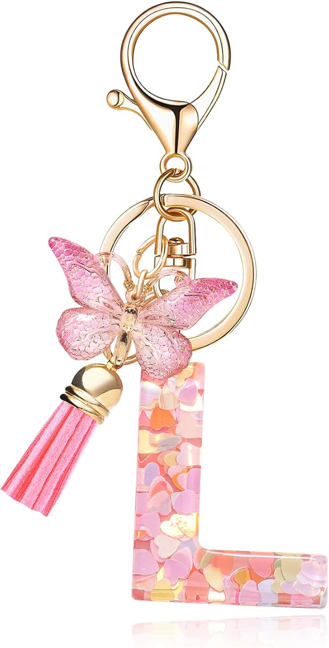 Fashion Alphabet Initial Letter Keychain Tassel Butterfly Pendant Key Ring for Purse Handbags Women Girl