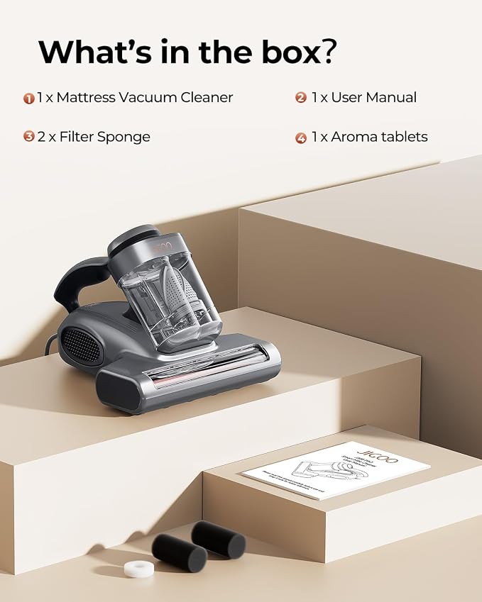 JIGOO J300 Pro Mattress Vacuum Cleaner, LED Sensor, Pet Hair, Infrared | Bed Vacuum Cleaner with 550W motor, 14Kpa suction, UV-C light and 140°F heat, U-FIR infrared, ultrasonic, fragrance