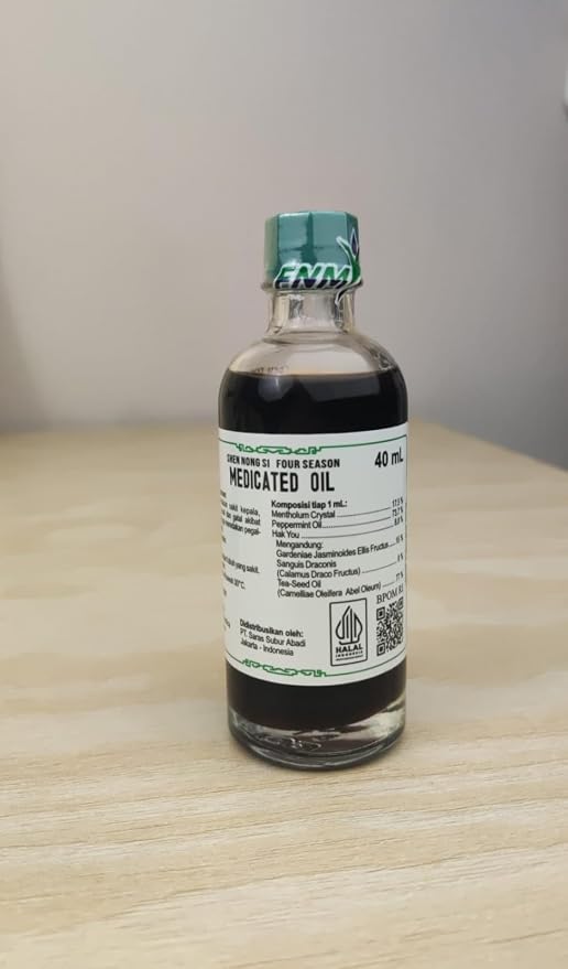 Four Season (Shen Nong Si) Medicated Oil 40 ml, Traditional Asian Therapeutic Massage Oil, Classic Aroma for Cold Relief, Motion Sickness, Breathing, Itchy Skin, Stomach Discomfort, Sore Muscles