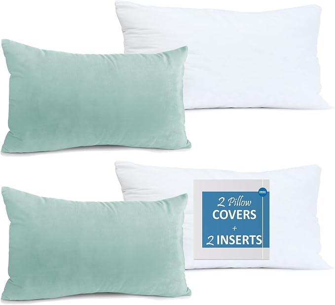 Nestl Throw Pillow Inserts Pack of 2 with Velvet Soft Solid Decorative Square Throw Pillow Covers Set for Sofa Couch Car Bedroom, 12X20 Throw Pillows Inserts with 12x18 Washable Cushion Covers, Aqua