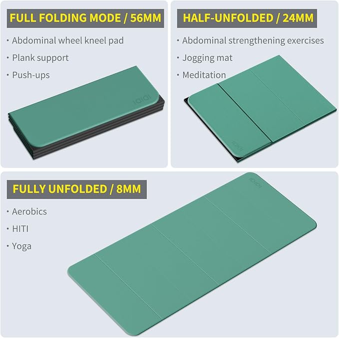 Foldable Extra Large Yoga Mat 74"×31.5", 8mm Double-Sided Non Slip Lightweight Fitness Mat for Man & Woman, Portable for Home Studio & Travel