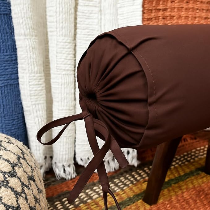 Cylindrical Pillow Bolster Cover Cervical Neck Roll Cotton Pillowcase with Drawstring Closure Neck Cushion Cover 6" x 18" (15 x 45 cm) Brown