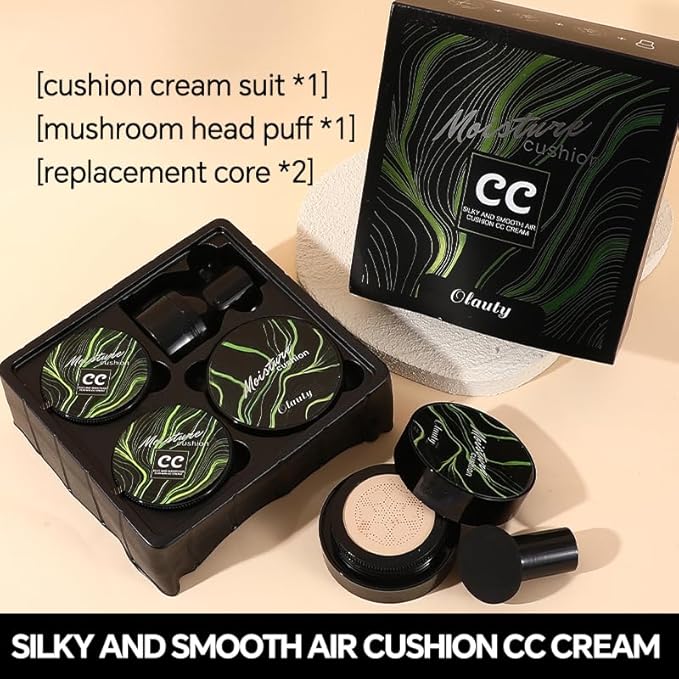 Moisture Cushion CC Cream Foundation for Mature Skin - Flawless Concealer BB Cream with Mushroom Sponge, Long-Lasting Waterproof Air Cushion, Natural (03# – Refill Kit (1 Full + 2 Refills))