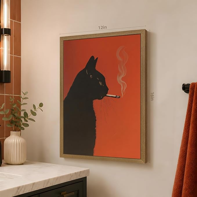 VziizV Black Cat Wall Art, Funny Smoking Cat Canvas Print, Vintage Retro Animal Wall Decor, Minimalist Whimsical Poster Artwork for Bar Cart Living Room Bedroom Office Wood Framed 12x16 Inch
