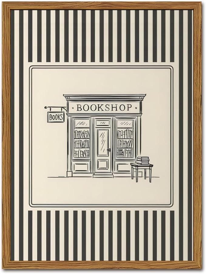 Vintage Striped Bookshop Wall Art, Retro Black and White Pictures Wall Decor College Minimalist Canvas Prints Paintings for Bathroom Bedroom Living Room 12x16 inch Framed