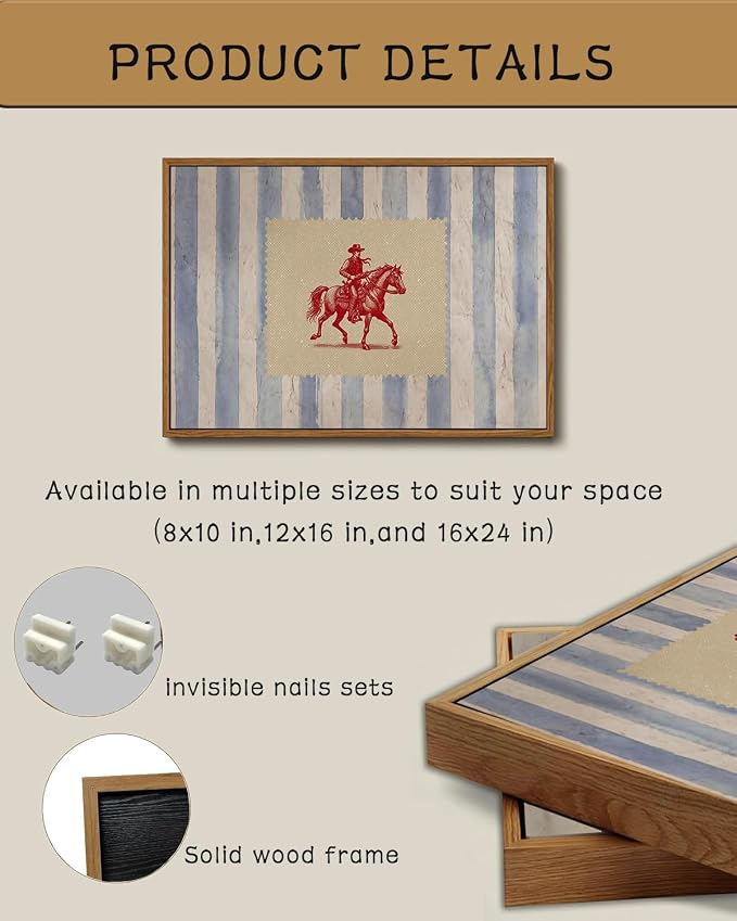 ZZLWBKGL Western Wall Decor Cowboy Canvas Art Vintage Framed Wall Art | Country West Stamp Artwork Mid Century Aesthetic for Living Room Bedroom 8x10in