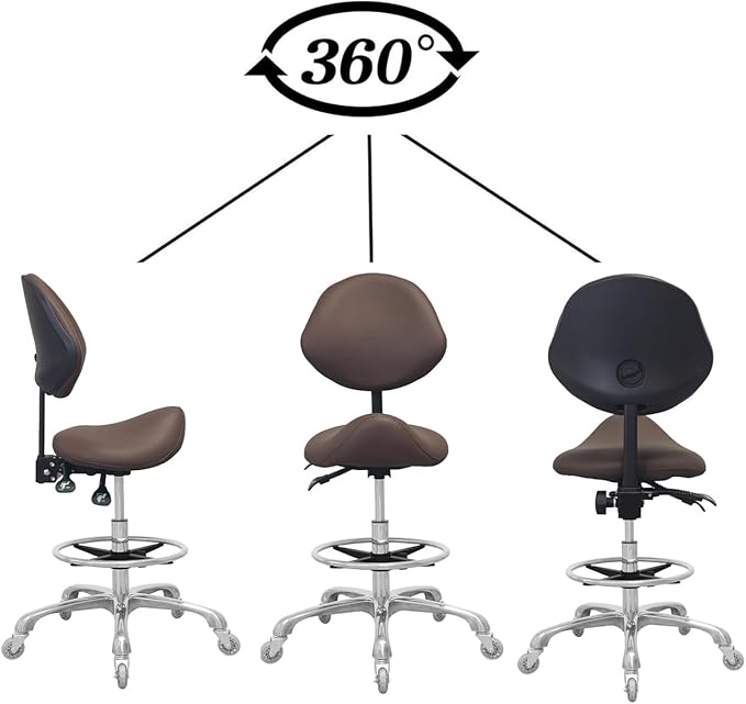 Saddle Stool Chair with Back Support Footrest, Heavy-Duty(350LBS), Hydraulic Rolling Swivel Adjustable Stool Chair for Salon Spa Beauty Massage Dental Clinic Home Office Use(Coffee)