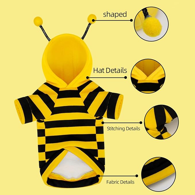 Fleece Lined Bumble Bee Design Dog Hoodie Costume with Antennae, S | Autumn Winter Cute Pet Clothing & Halloween Cosplay For 2-18 Lbs Dog Cat French Bulldog Chihuahua Pug Poodle Dachshund