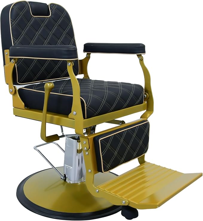 Heavy Duty Vintage Barber Chair，Hydraulic Salon Chair with Headrest for Hairdressers Heavy Tattoo Shampoo Beauty Salon Equipment(Golden)