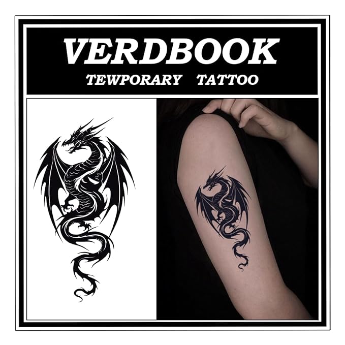 Waterproof Temporary Tattoos: 2-Sheet Tattoo Kit with Realistic Body Stickers, Semi-Permanent Tattoos for Adults Lasting 7-15 Days – Safe for Men & Women, Winged Dragon Pattern