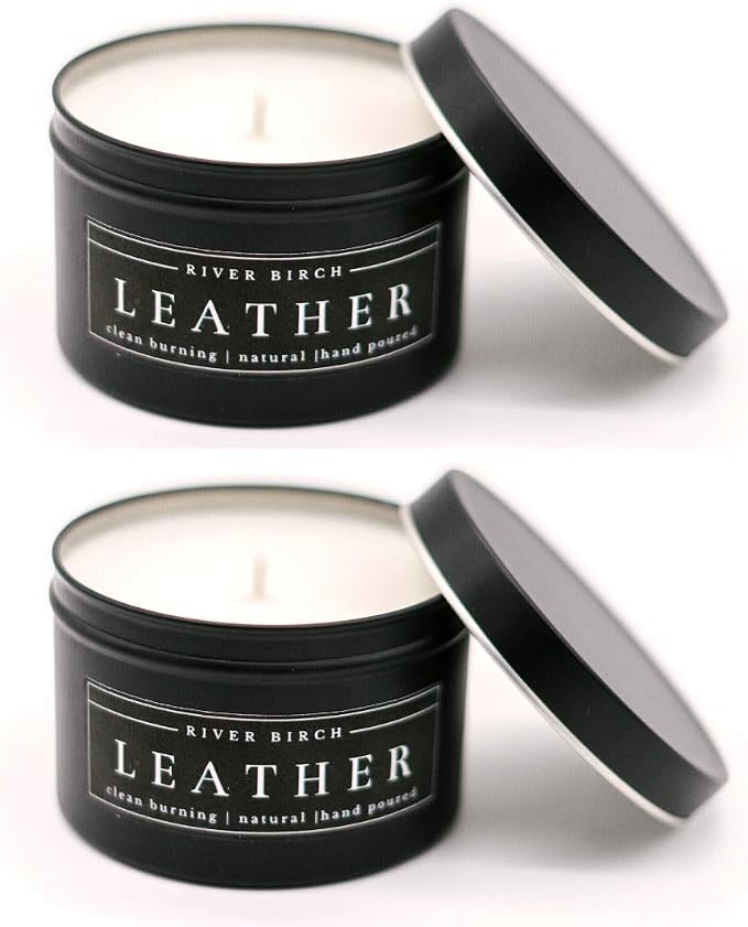 River Birch Leather Scented Candle 2-Pack | Premium, All-Natural, Non-Toxic Soy | Two 8 oz. Black Matte Tin Travel Candles | Cozy Relaxing Gifts for Home