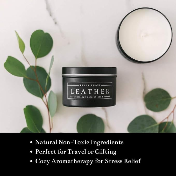 River Birch Leather Scented Candle 2-Pack | Premium, All-Natural, Non-Toxic Soy | Two 8 oz. Black Matte Tin Travel Candles | Cozy Relaxing Gifts for Home
