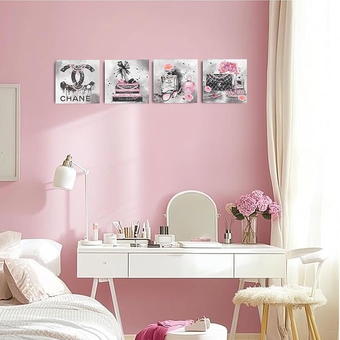 4 Pcs Pink Fashion Canvas Wall Art Black and White Decor Grey Wall Decor | Aesthetic Framed Posters Art Prints Artwork Pink Pictures for Women Bedroom Apartment Vogue Living Room Decor 8 x 8 inches