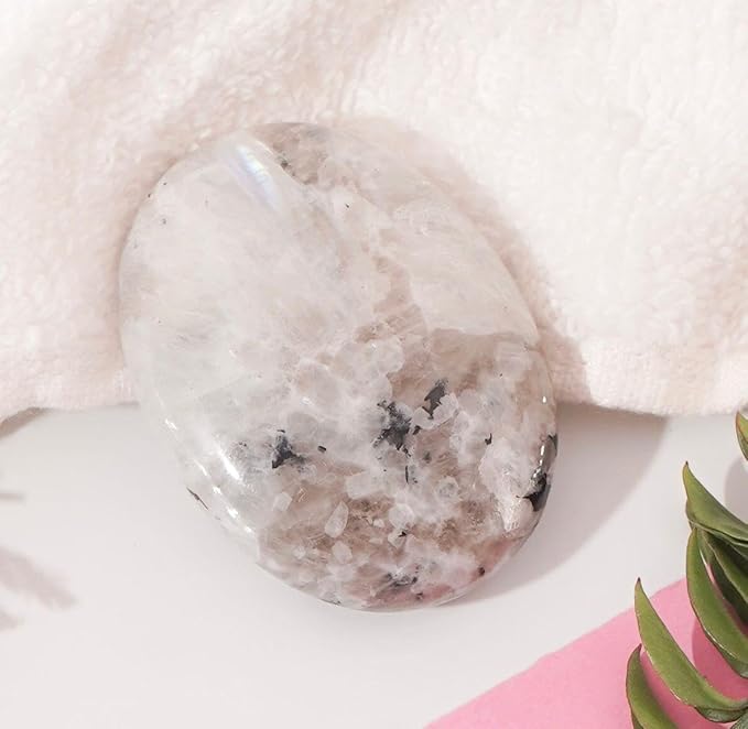 Large Natural Moonstone Gemstone Polished Palm Stone Healing Crystals Thick Natural Reiki Worry Stone Energy Balancing Anxiety Stress Relief Meditation 1 Pc