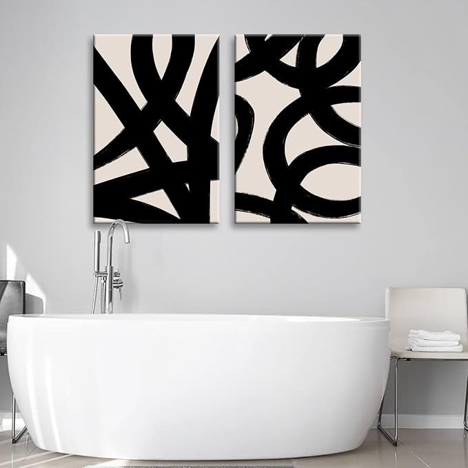 Framed Abstract Wall Art Canvas Set Lines Pictures Modern Mid Century Boho Wall Decor Minimalist Abstract Black Stroke Lines Canvas Painting Artwork Living Room Bedroom Home Office 12"x16"x2