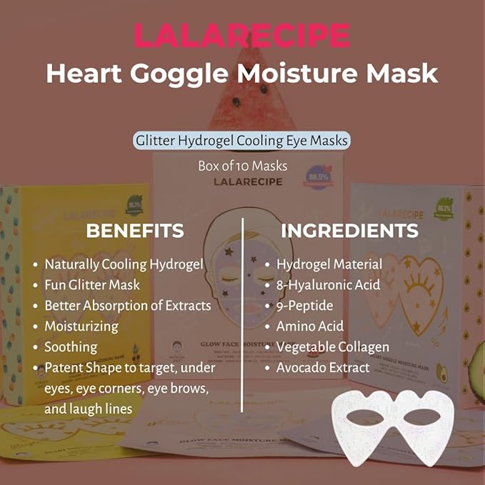 LALARECIPE Heart Goggle Moisture Eye Mask – Hydrating & Cooling Hydrogel Patches with 8-Hyaluronic Acid, Avocado & Collagen – Korean Skincare for Dry & Sensitive Skin (Pack of 10)