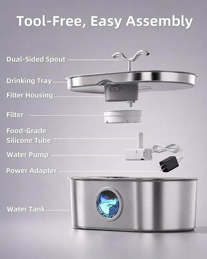 8L/270oz/2Gallon Stainless Steel Dog Water Fountain Pet Fountain | Automatic Pet Water Dispenser - Self-Designed Filtration System - Ultra-Quiet Pump - Easy Cleaning & Maintenance (3 Filters)