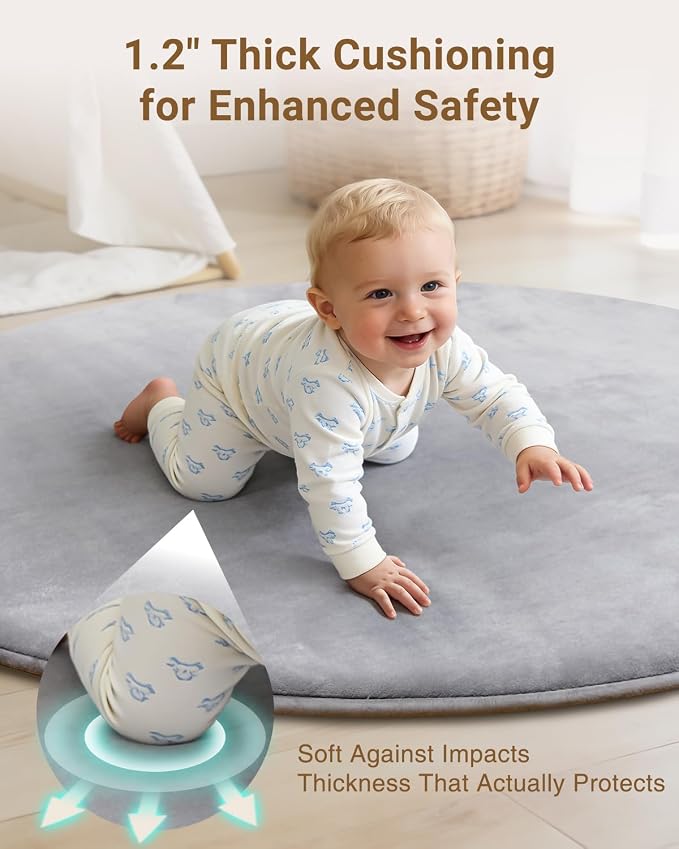 Thick Round Baby Play Mat for Floor,47 Inch Playpen Mat Foam Mats,Soft Support & Plush Feel Play Tent Mats for Infant,Kids,and Toddler Crawling,Non-Slip Back for Kids Indoor Playhouses(Light Grey)