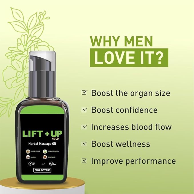 Lift Up Massage Oil for Men (50ml) | Ayurvedic Wellness Massage Oil with Ashwagandha, Safed Musli, Shatavari & Laung Extract