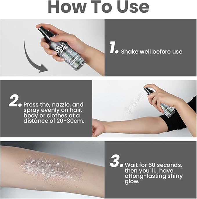 Body Glitter,100ML Body Glitter Spray,Glitter Spray for Hair/Body/Clothes,Long-Lasting and Quick-Drying Silver Glitter Hairspray Suitable for Stage, Festival Rave and Makeup Prom(3.38 Fl Oz)