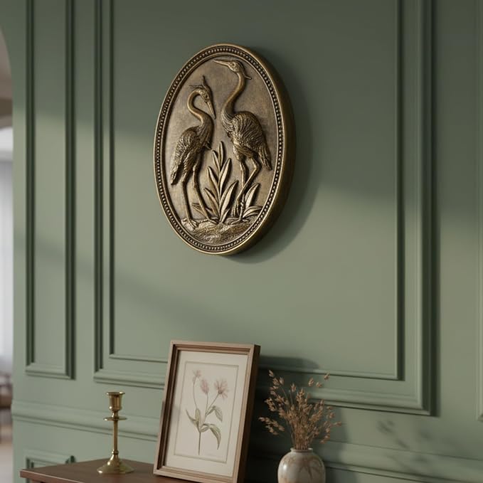 Vintage Crane Wall Sculpture, Antique Wall Decor, Crane Wall Art, Hand Painted Wall Decoration with Embossed Couple Birds Design, Heron Wall Art, Vintage Wall Decor for Living Room Bedroom Dining Room Hallway, Housewarming Gifts