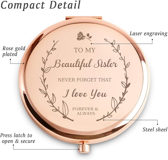 Sister Gifts, Personalized Gift for Sister, Custom Compact Mirror, Goodie Bag & Basket Stuffers for Valentines Day, Mothers Day, Graduation, Birthday, Wedding