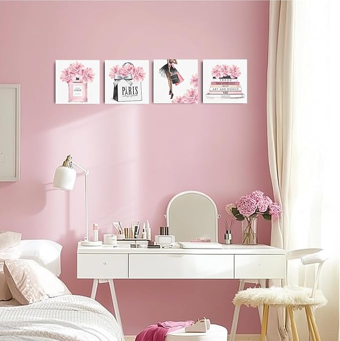QINGTAI 4 Pcs Pink Fashion Canvas Wall Art, Perfume Handbag Wall Decor | Aesthetic Framed Posters Art Prints Artwork Pink Pictures for Women Girls Room Apartment Vogue Living Room Decor 8x8 Inch