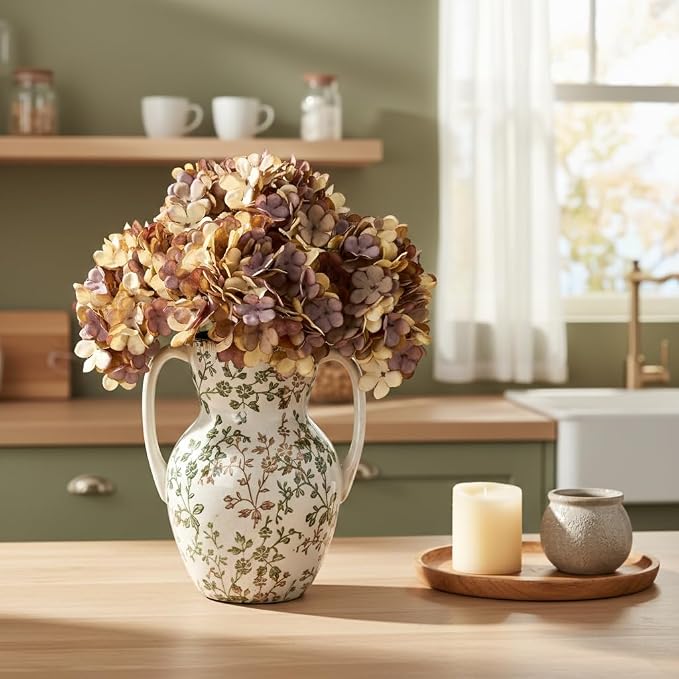 Emotionally Grounded Vase, Vaseking Large Ceramic Rustic Vase with 2 Handles, 8.3 inch Green and Beige Decorative Farmhouse Tall Vases for Home Decor, Living Room, Enterway, Table Decoration