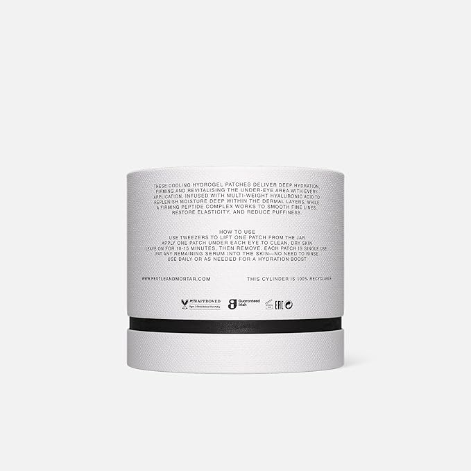 Pestle & Mortar Pure Hyaluronic Hydrogel Eye Patches, 30 Pairs, Cooling Under-Eye Treatment with Peptides for Hydration and Depuffing