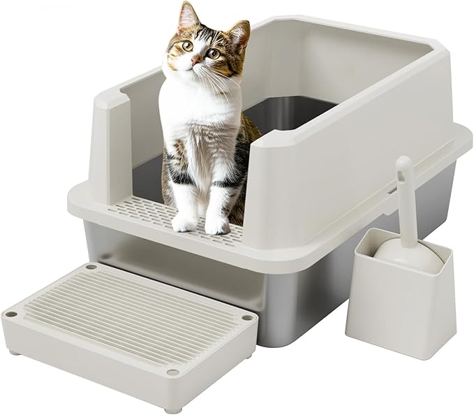 RIZZARI Stainless Litter Box Semi-Closed: Odorless, Large, Easy Clean | High Splash Guard / Non-Stick Steel Pan / 20L Capacity / Raised Step / Fits Any Room / Multi-Cat Use