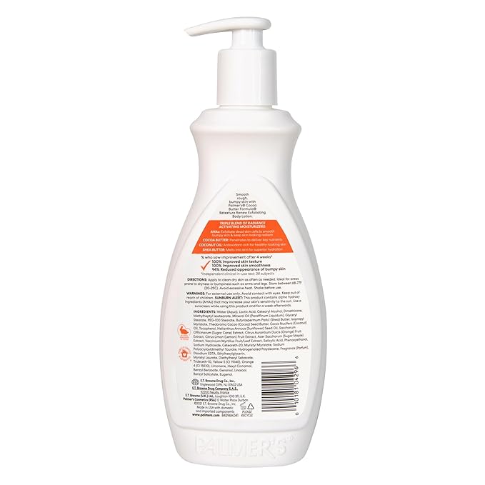 Palmer's Cocoa Butter Formula Retexture & Renew Exfoliating Body Lotion for Rough & Bumpy Skin, Triple Action Moisturizers + AHAs, Pump Bottle, 13.5 Ounce (Pack of 2)